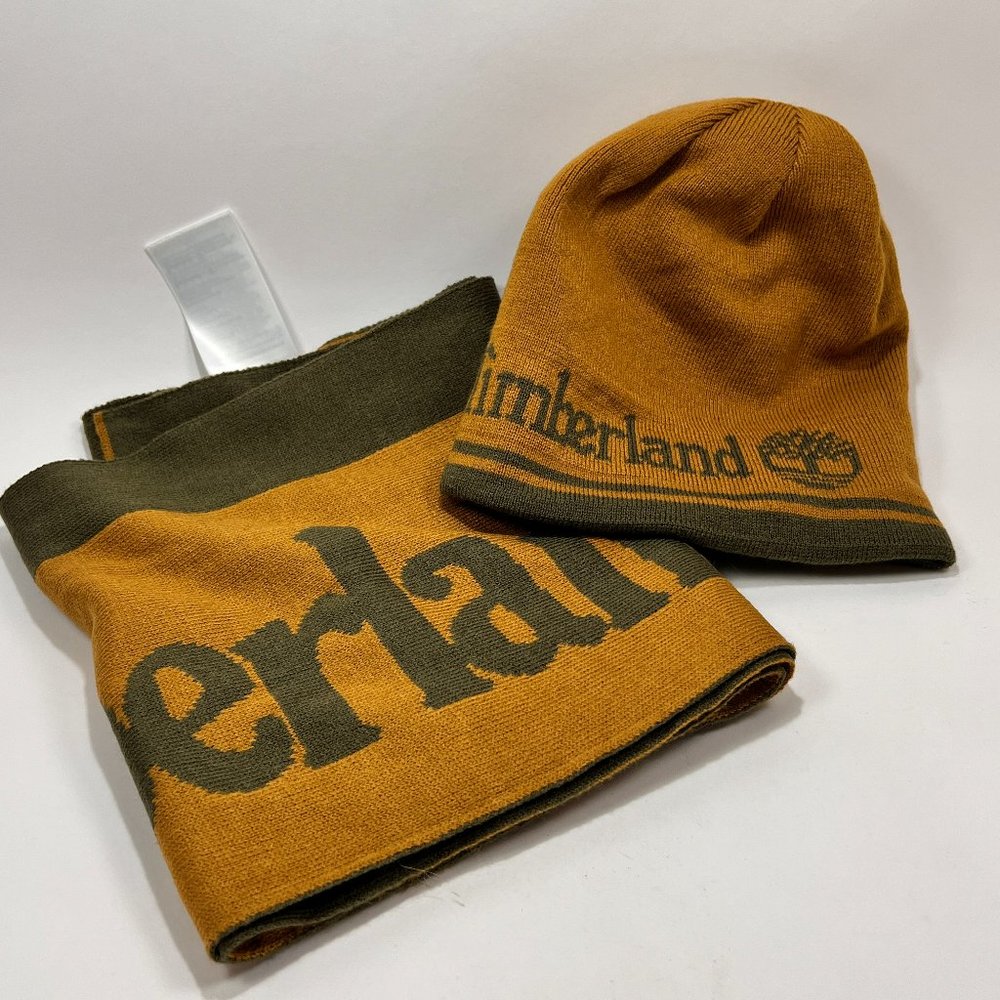 Timberland Beanie Hat Scarf Set Reversible Tan Green One Size Unisex Winter